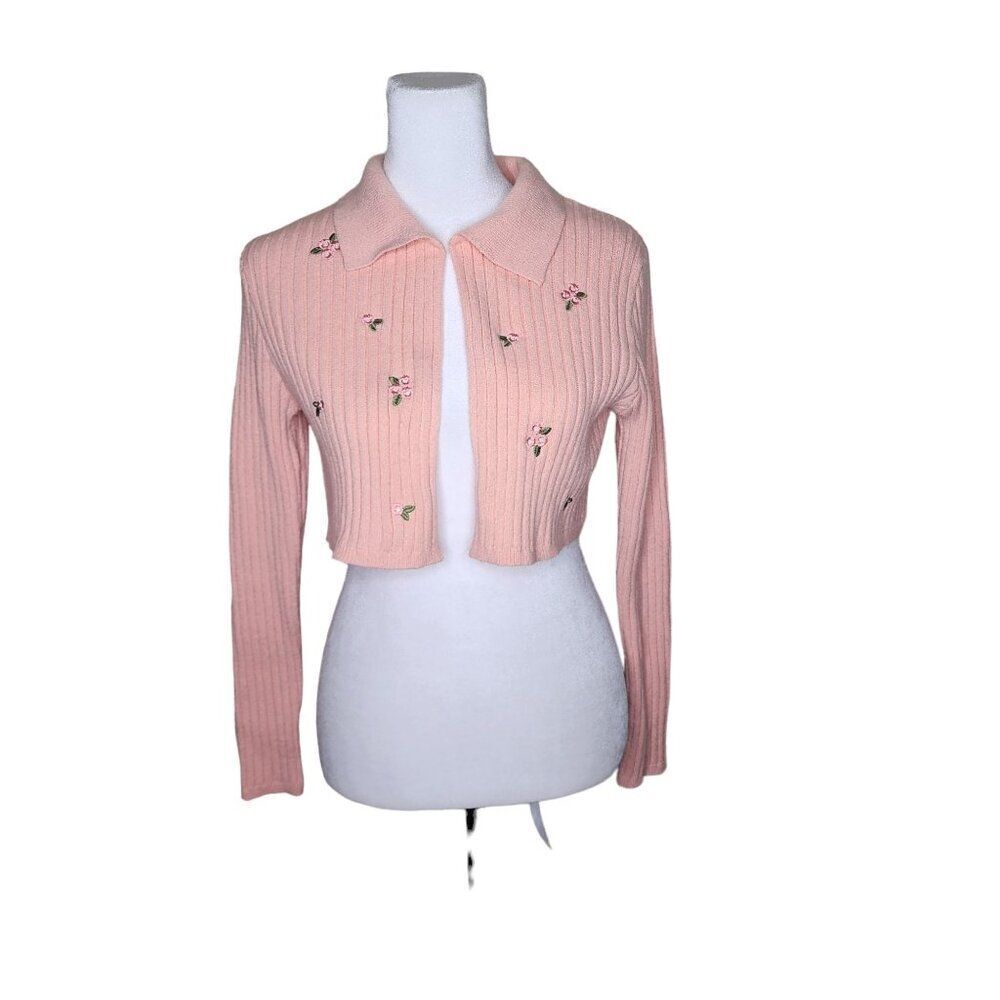 Witty Fox Cropped Long Sleeve Cardigan Sweater Womens S Pink Floral topper